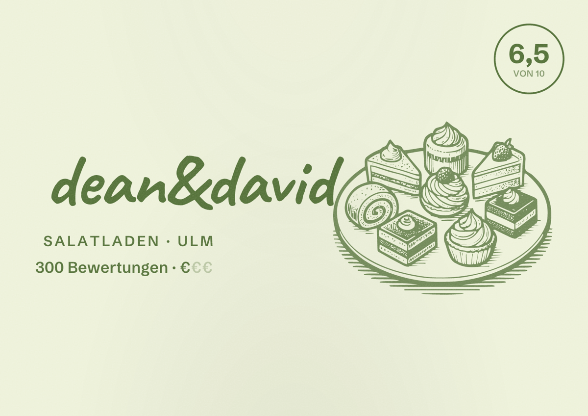 Illustriertes Poster von dean&david, Salatladen in Ulm: Bewertung 6,5 von 10 aus 300 Bewertungen, Preisniveau €