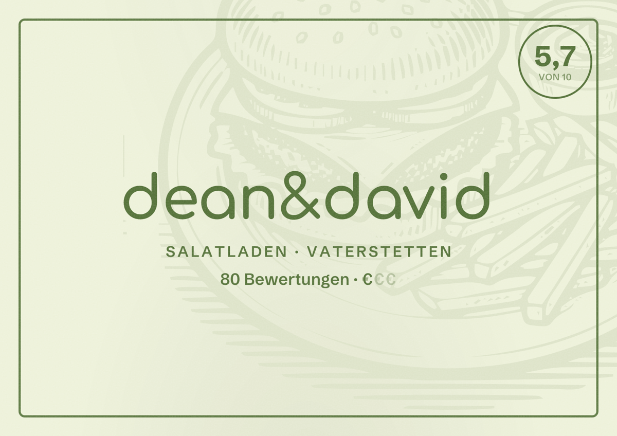 Illustriertes Poster von dean&david, Salatladen in Vaterstetten: Bewertung 5,7 von 10 aus 80 Bewertungen, Preisniveau €