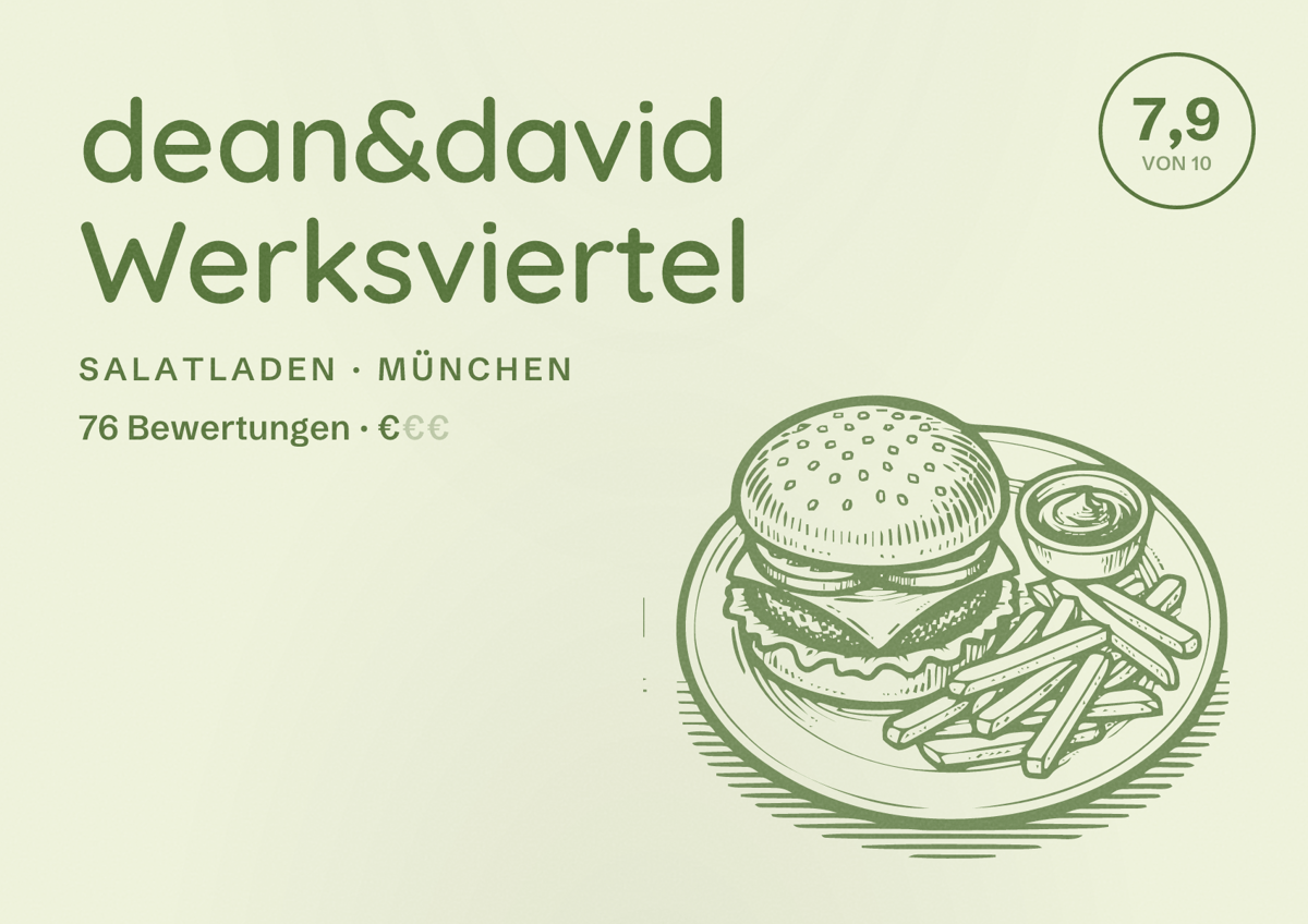 Illustriertes Poster von dean&david Werksviertel, Salatladen in München: Bewertung 7,9 von 10 aus 76 Bewertungen, Preisniveau €