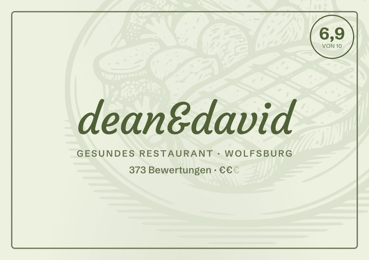Illustriertes Poster von dean&david, Gesundes Restaurant in Wolfsburg: Bewertung 6,9 von 10 aus 373 Bewertungen, Preisniveau €€