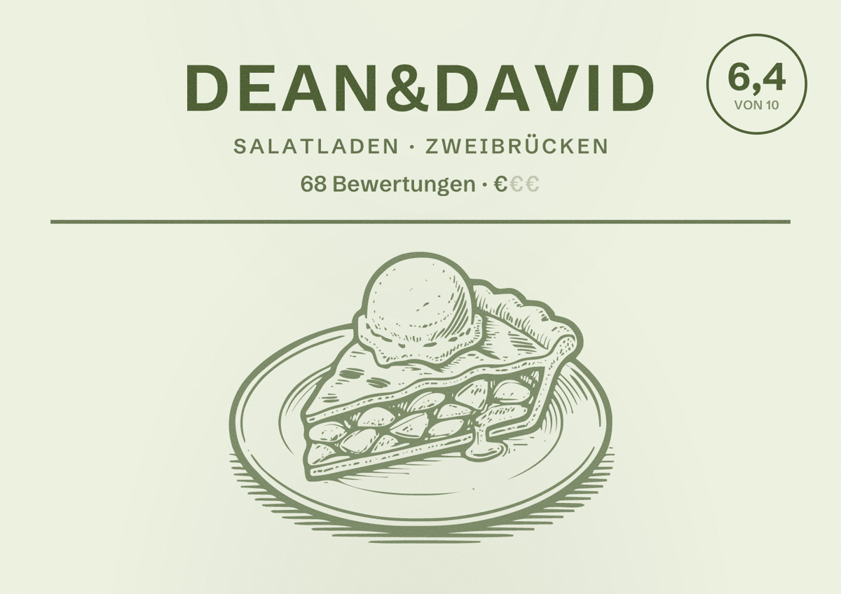 Illustriertes Poster von dean&david, Salatladen in Zweibrücken: Bewertung 6,4 von 10 aus 68 Bewertungen, Preisniveau €