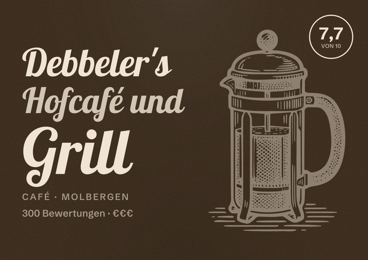 Illustriertes Poster von Debbeler's Hofcafé und Grill, Café in Molbergen: Bewertung 7,7 von 10 aus 300 Bewertungen, Preisniveau €€€