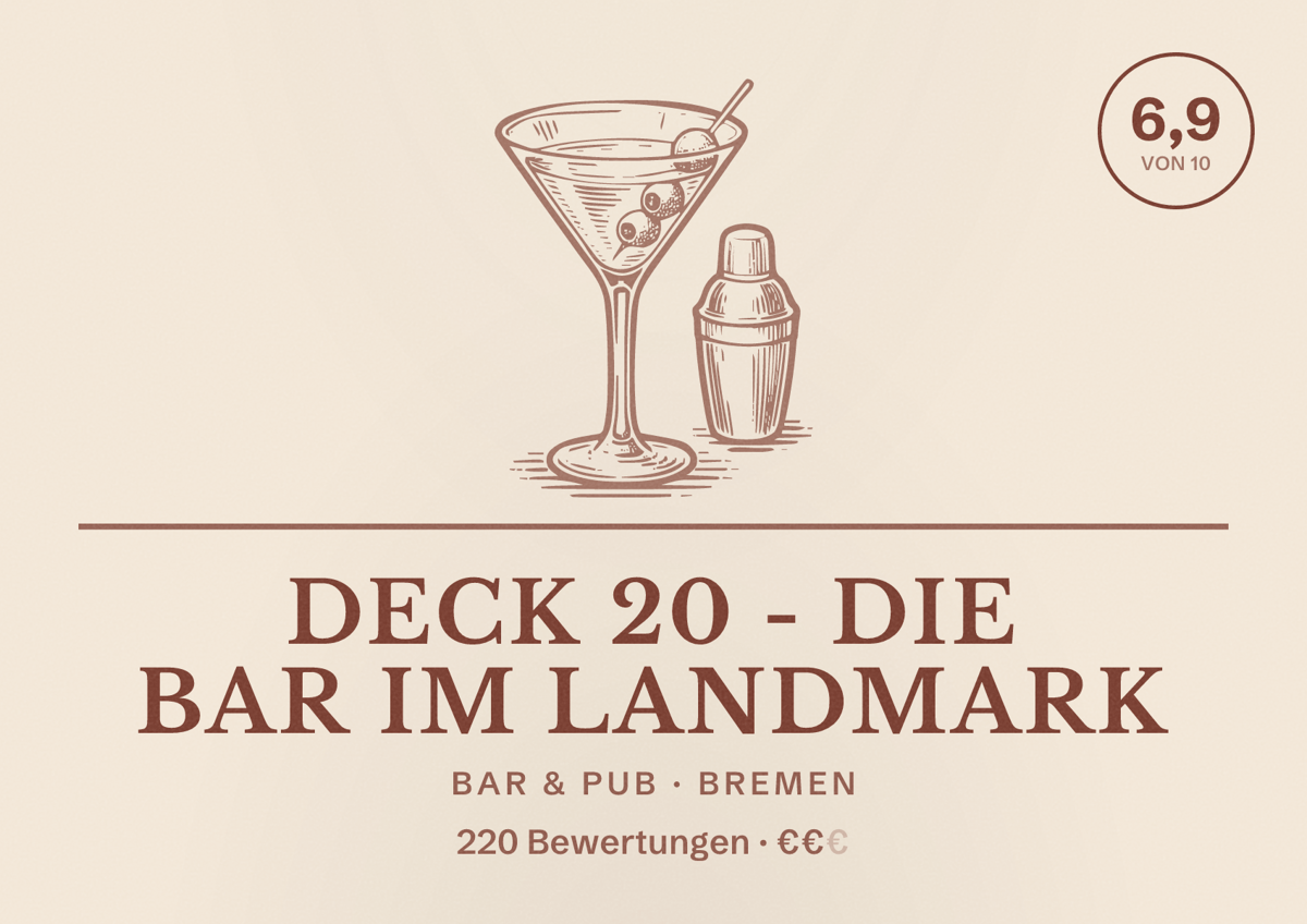 Illustriertes Poster von DECK 20 - DIE BAR IM LANDMARK, Bar & Pub in Bremen: Bewertung 6,9 von 10 aus 220 Bewertungen, Preisniveau €€