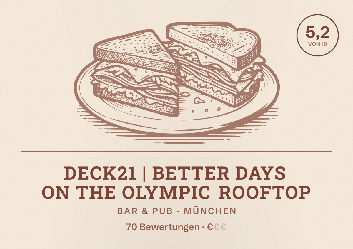 Illustriertes Poster von DECK21 | better days on the olympic rooftop, Bar & Pub in München: Bewertung 5,2 von 10 aus 70 Bewertungen, Preisniveau €