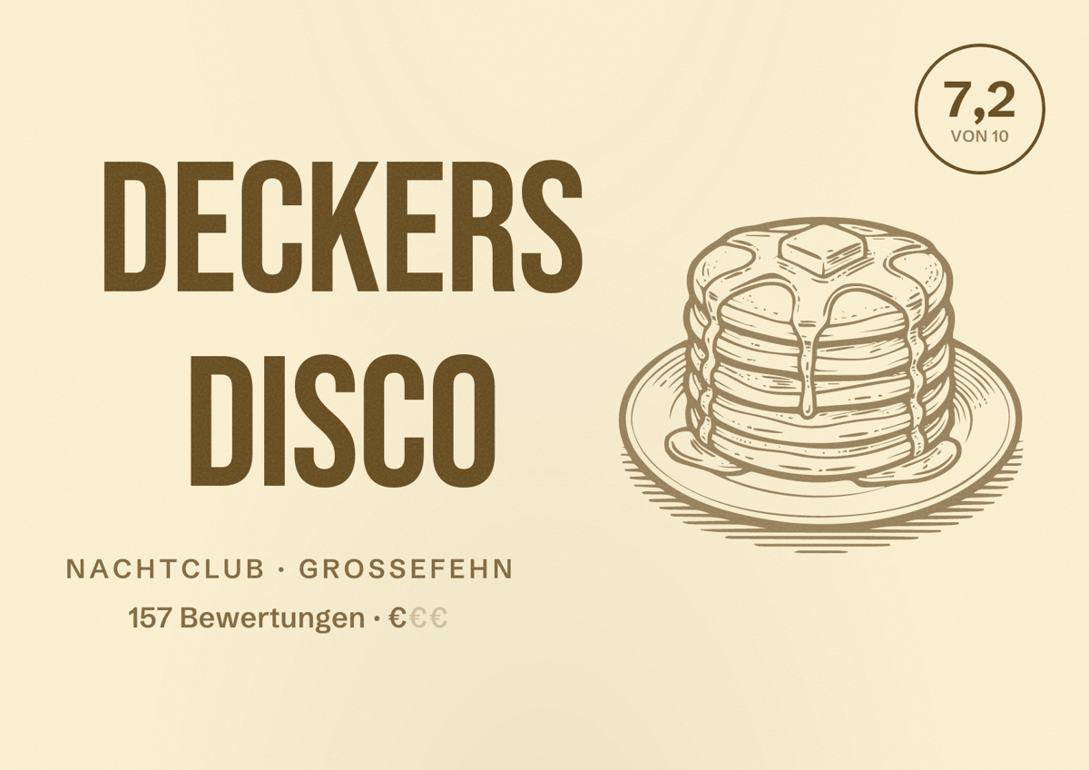 Illustriertes Poster von Deckers Disco, Nachtclub in Großefehn: Bewertung 7,2 von 10 aus 157 Bewertungen, Preisniveau €