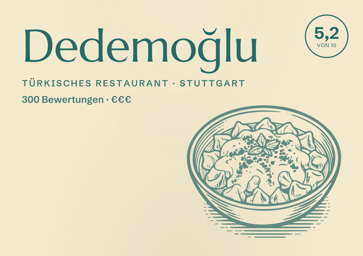 Illustriertes Poster von Dedemoğlu, Türkisches Restaurant in Stuttgart: Bewertung 5,2 von 10 aus 300 Bewertungen, Preisniveau €€€