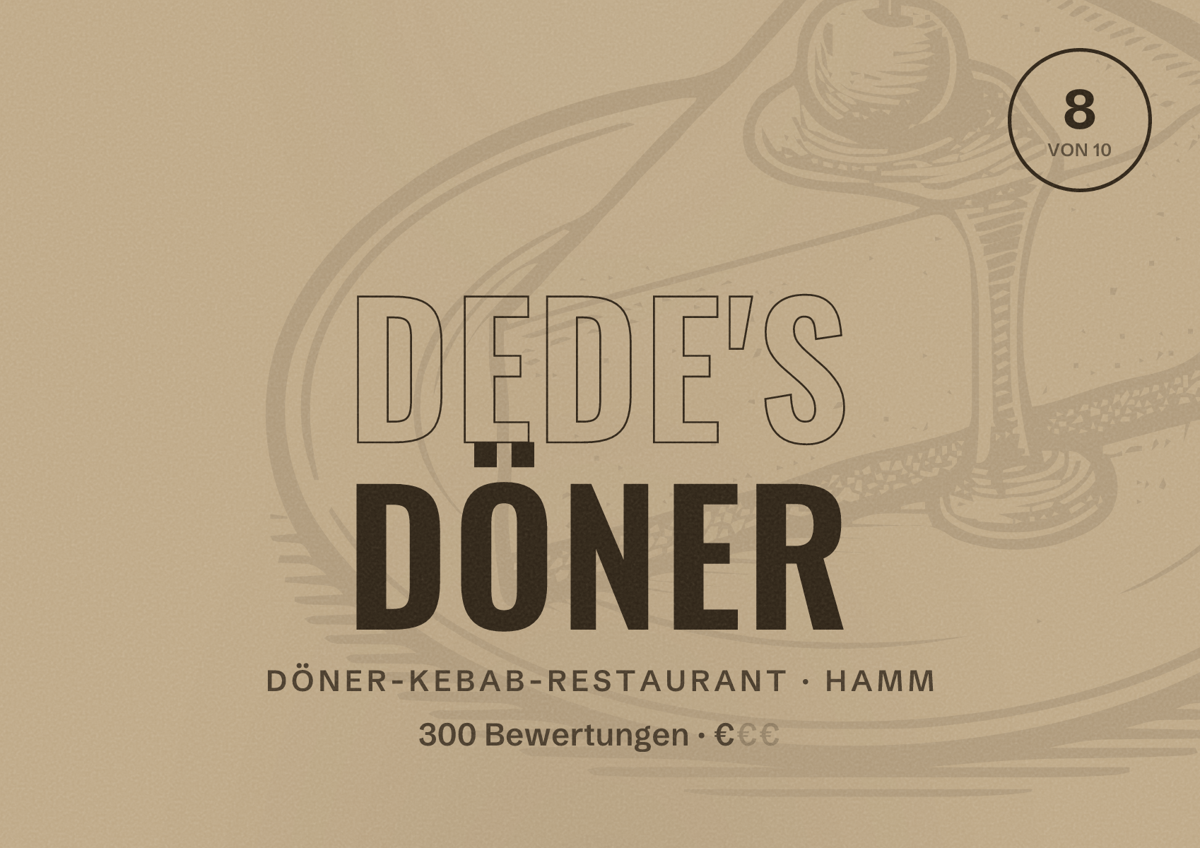 Illustriertes Poster von Dede's Döner, Döner-Kebab-Restaurant in Hamm: Bewertung 8 von 10 aus 300 Bewertungen, Preisniveau €