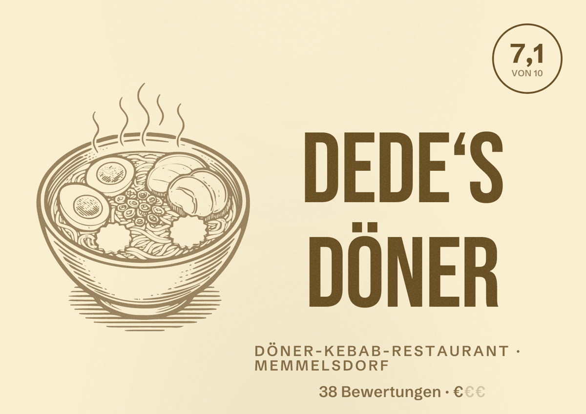 Illustriertes Poster von Dede‘s Döner, Döner-Kebab-Restaurant in Memmelsdorf: Bewertung 7,1 von 10 aus 38 Bewertungen, Preisniveau €