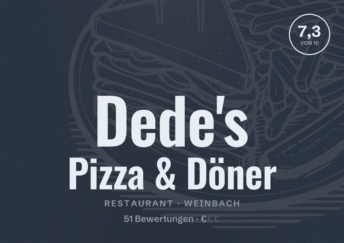 Illustriertes Poster von Dede's Pizza & Döner, Restaurant in Weinbach: Bewertung 7,3 von 10 aus 51 Bewertungen, Preisniveau €