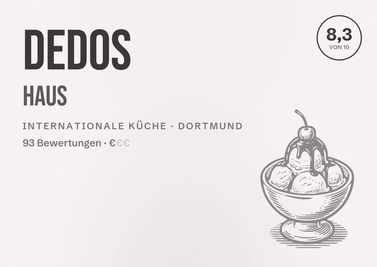 Illustriertes Poster von Dedos Haus, Internationale Küche in Dortmund: Bewertung 8,3 von 10 aus 93 Bewertungen, Preisniveau €