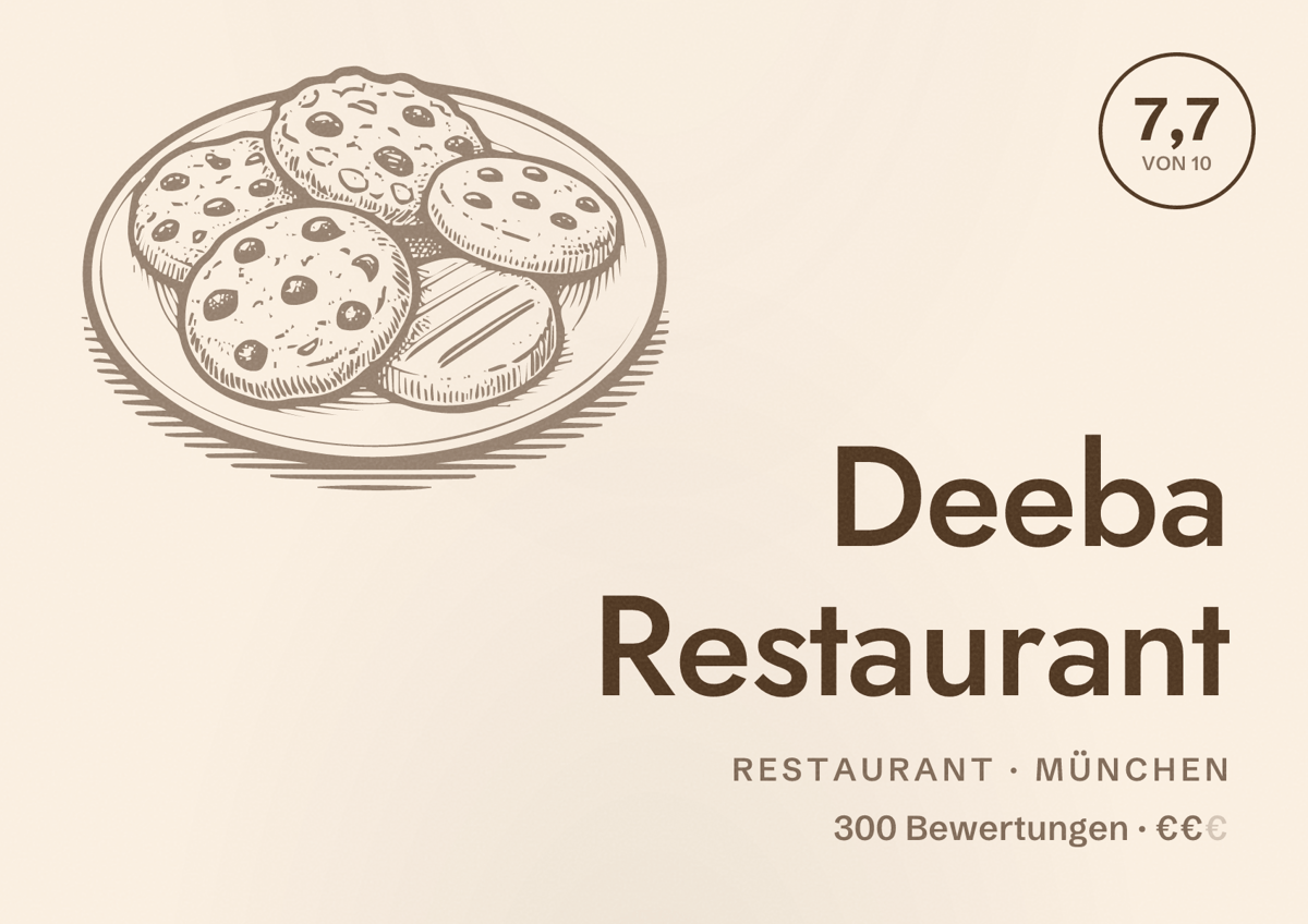Illustriertes Poster von Deeba Restaurant, Restaurant in München: Bewertung 7,7 von 10 aus 300 Bewertungen, Preisniveau €€