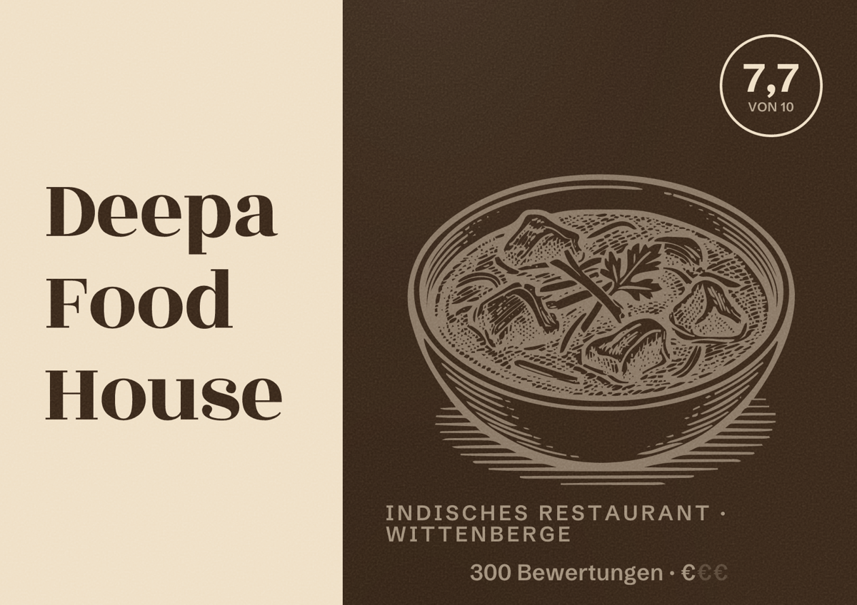 Illustriertes Poster von Deepa Food House, Indisches Restaurant in Wittenberge: Bewertung 7,7 von 10 aus 300 Bewertungen, Preisniveau €