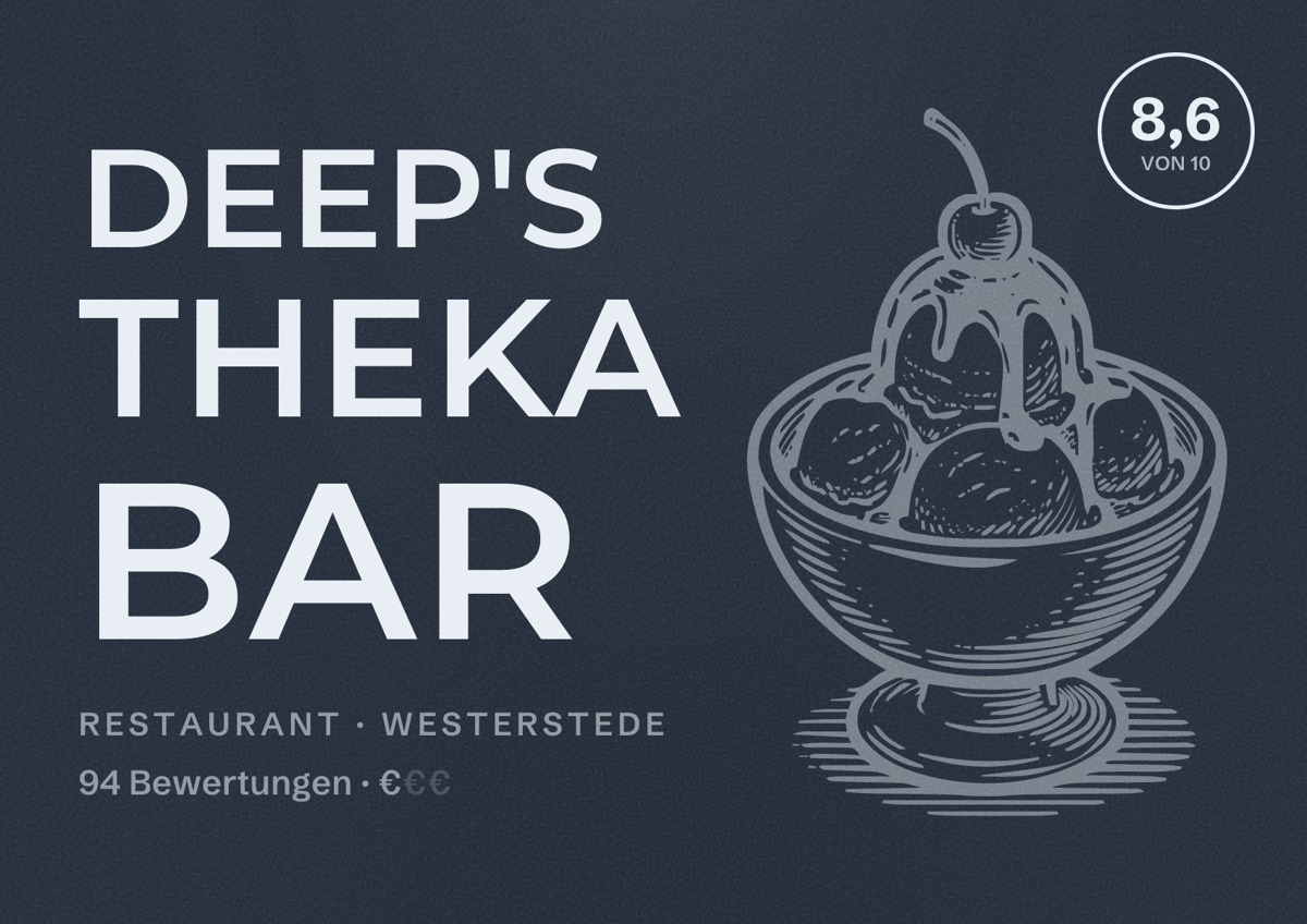 Illustriertes Poster von Deep's Theka Bar, Restaurant in Westerstede: Bewertung 8,6 von 10 aus 94 Bewertungen, Preisniveau €