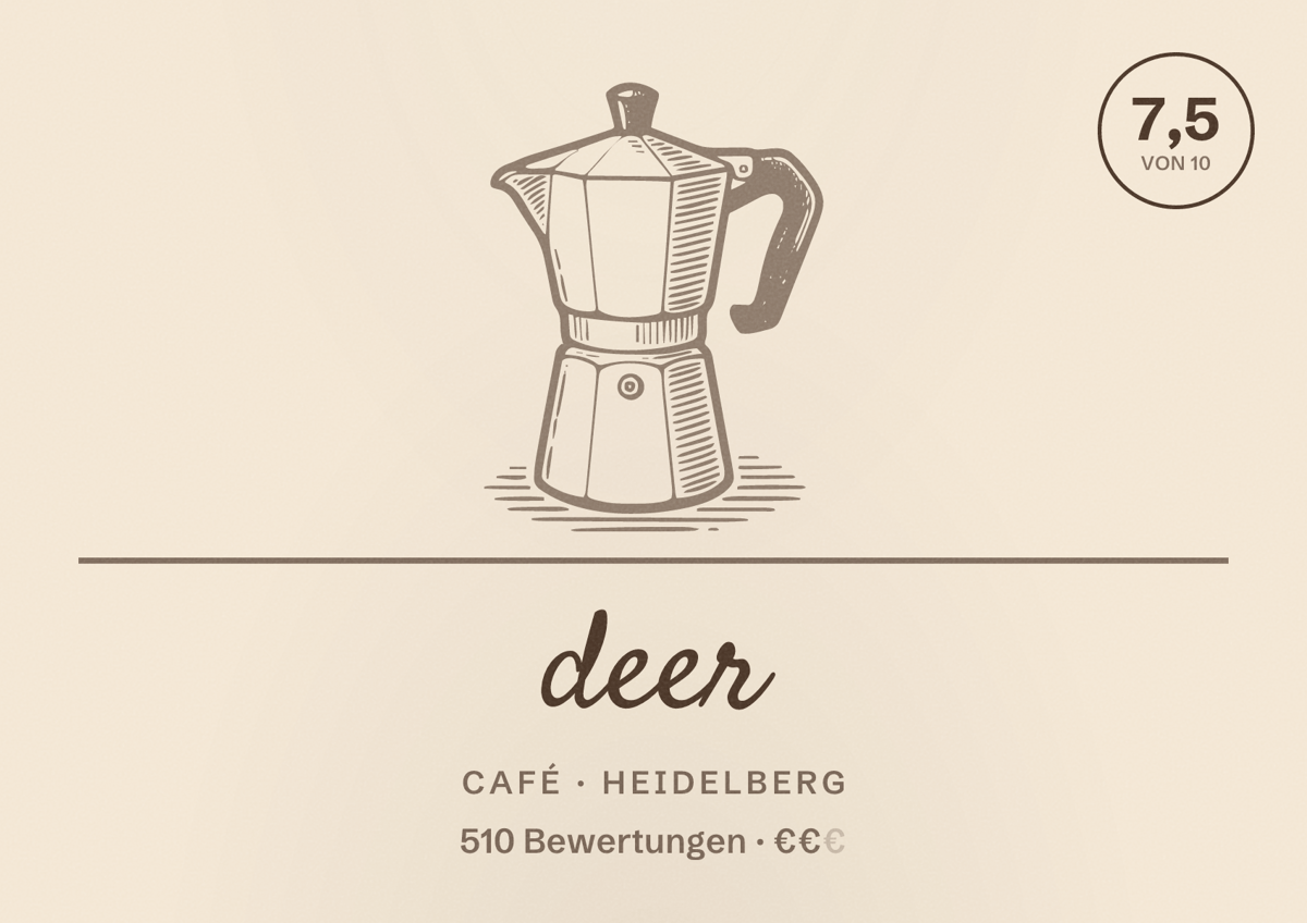 Illustriertes Poster von deer, Café in Heidelberg: Bewertung 7,5 von 10 aus 510 Bewertungen, Preisniveau €€