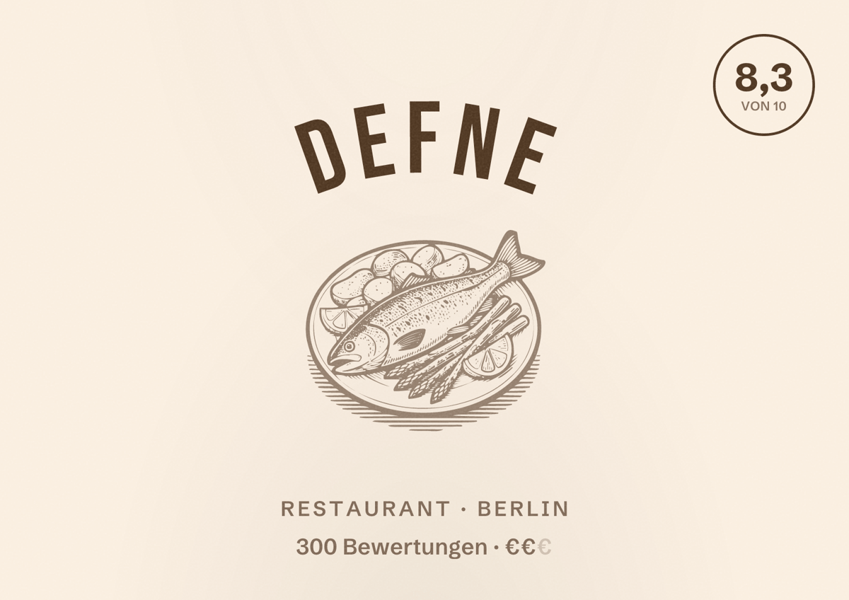 Illustriertes Poster von Defne, Restaurant in Berlin: Bewertung 8,3 von 10 aus 300 Bewertungen, Preisniveau €€