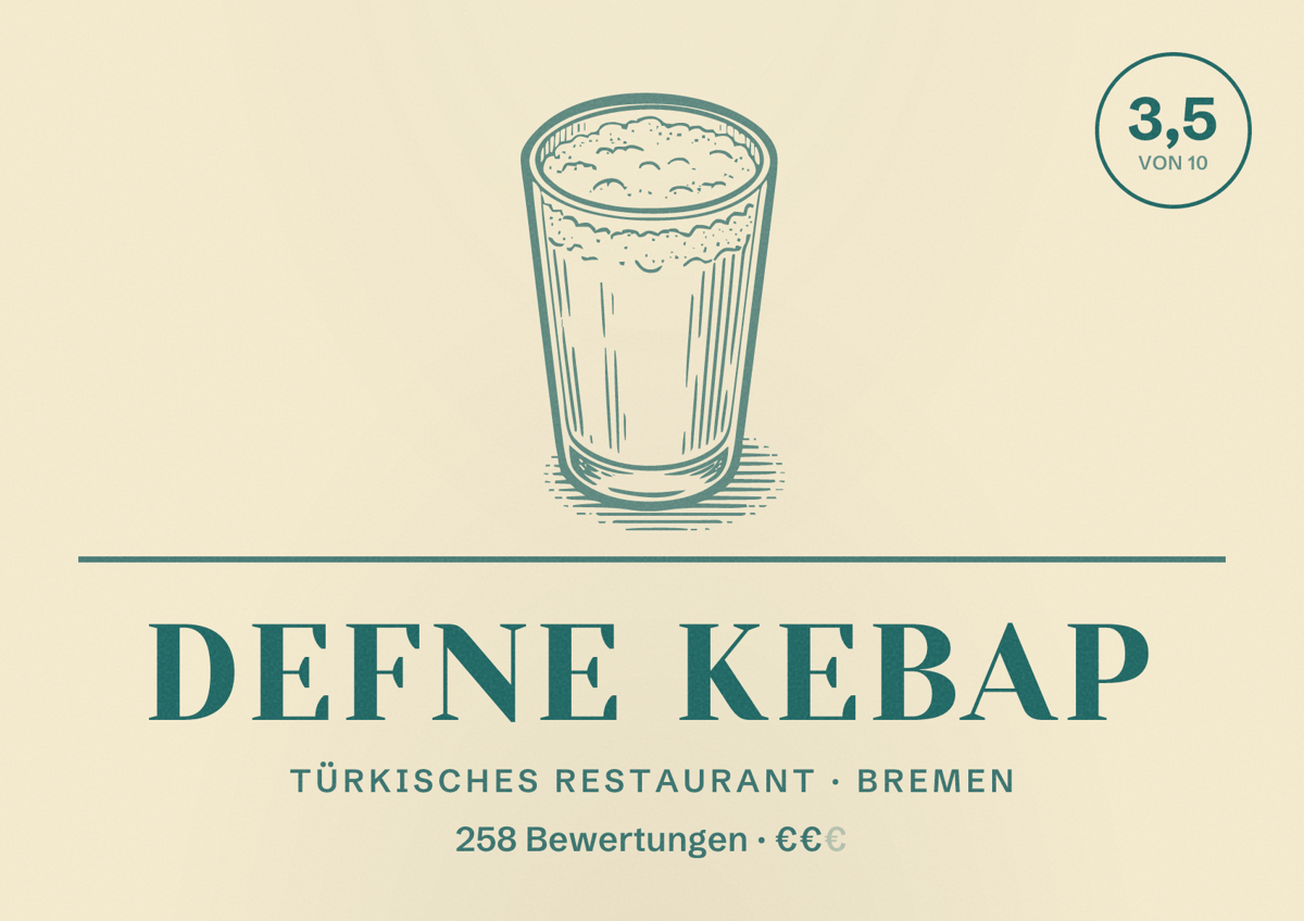 Illustriertes Poster von Defne Kebap, Türkisches Restaurant in Bremen: Bewertung 3,5 von 10 aus 258 Bewertungen, Preisniveau €€