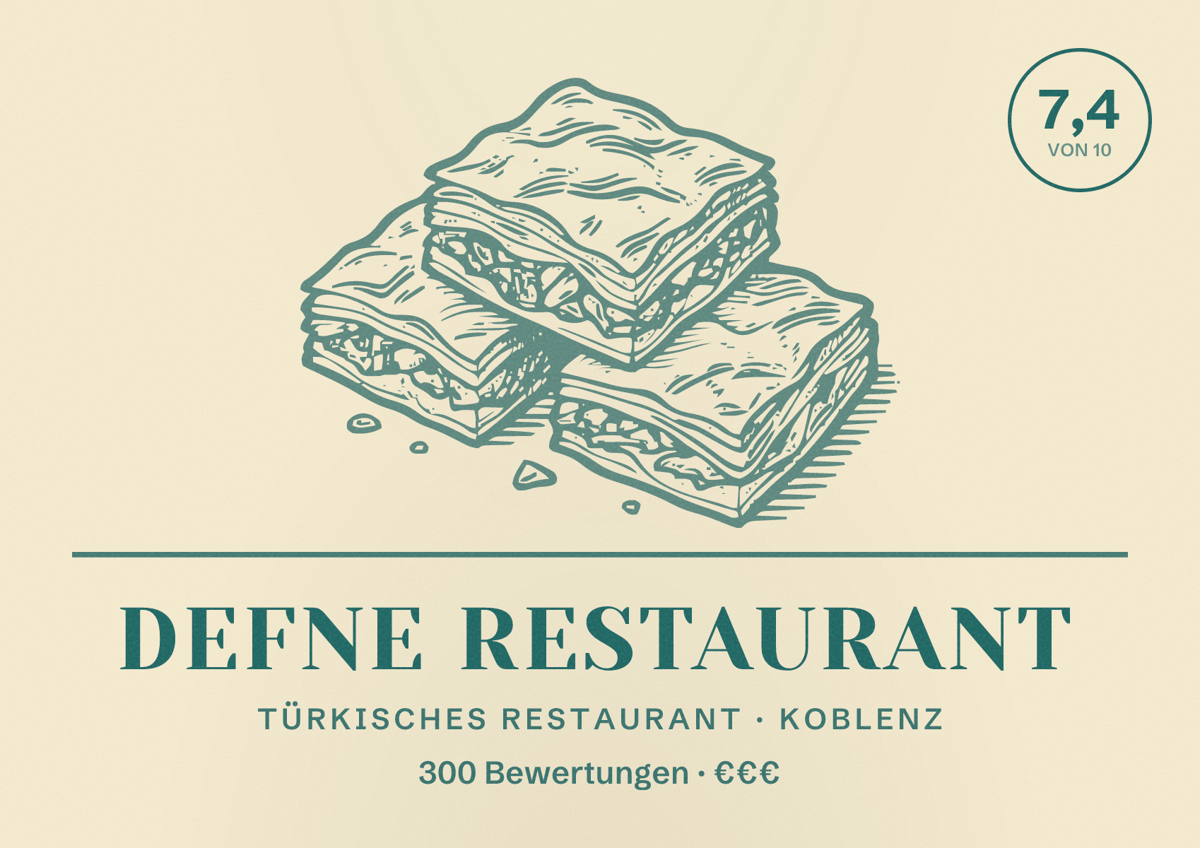 Illustriertes Poster von Defne Restaurant, Türkisches Restaurant in Koblenz: Bewertung 7,4 von 10 aus 300 Bewertungen, Preisniveau €€€
