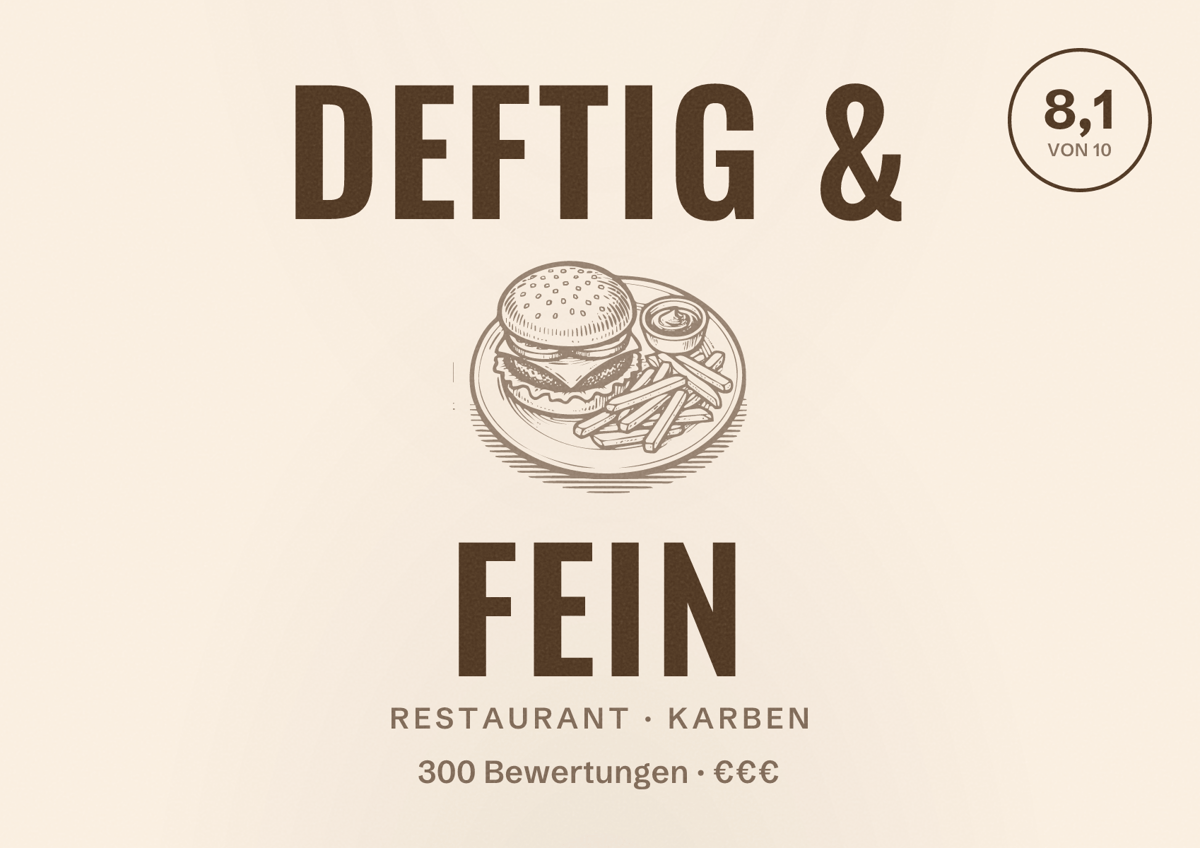Illustriertes Poster von deftig & fein, Restaurant in Karben: Bewertung 8,1 von 10 aus 300 Bewertungen, Preisniveau €€€