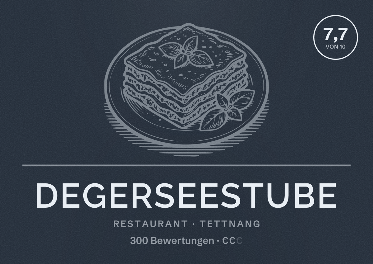 Illustriertes Poster von Degerseestube, Restaurant in Tettnang: Bewertung 7,7 von 10 aus 300 Bewertungen, Preisniveau €€