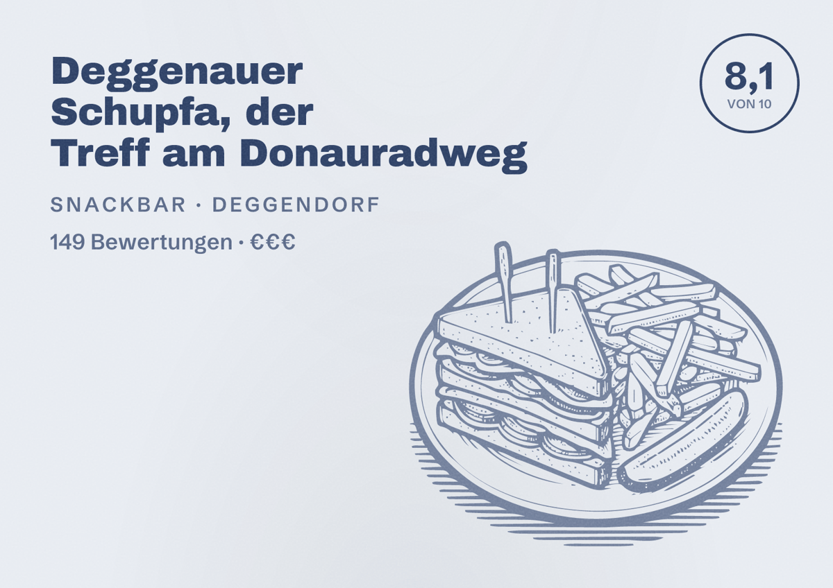 Illustriertes Poster von Deggenauer Schupfa, der Treff am Donauradweg, Snackbar in Deggendorf: Bewertung 8,1 von 10 aus 149 Bewertungen, Preisniveau €€€