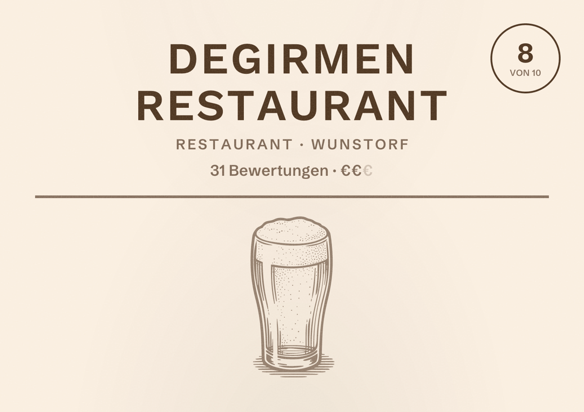 Illustriertes Poster von Degirmen Restaurant, Restaurant in Wunstorf: Bewertung 8 von 10 aus 31 Bewertungen, Preisniveau €€