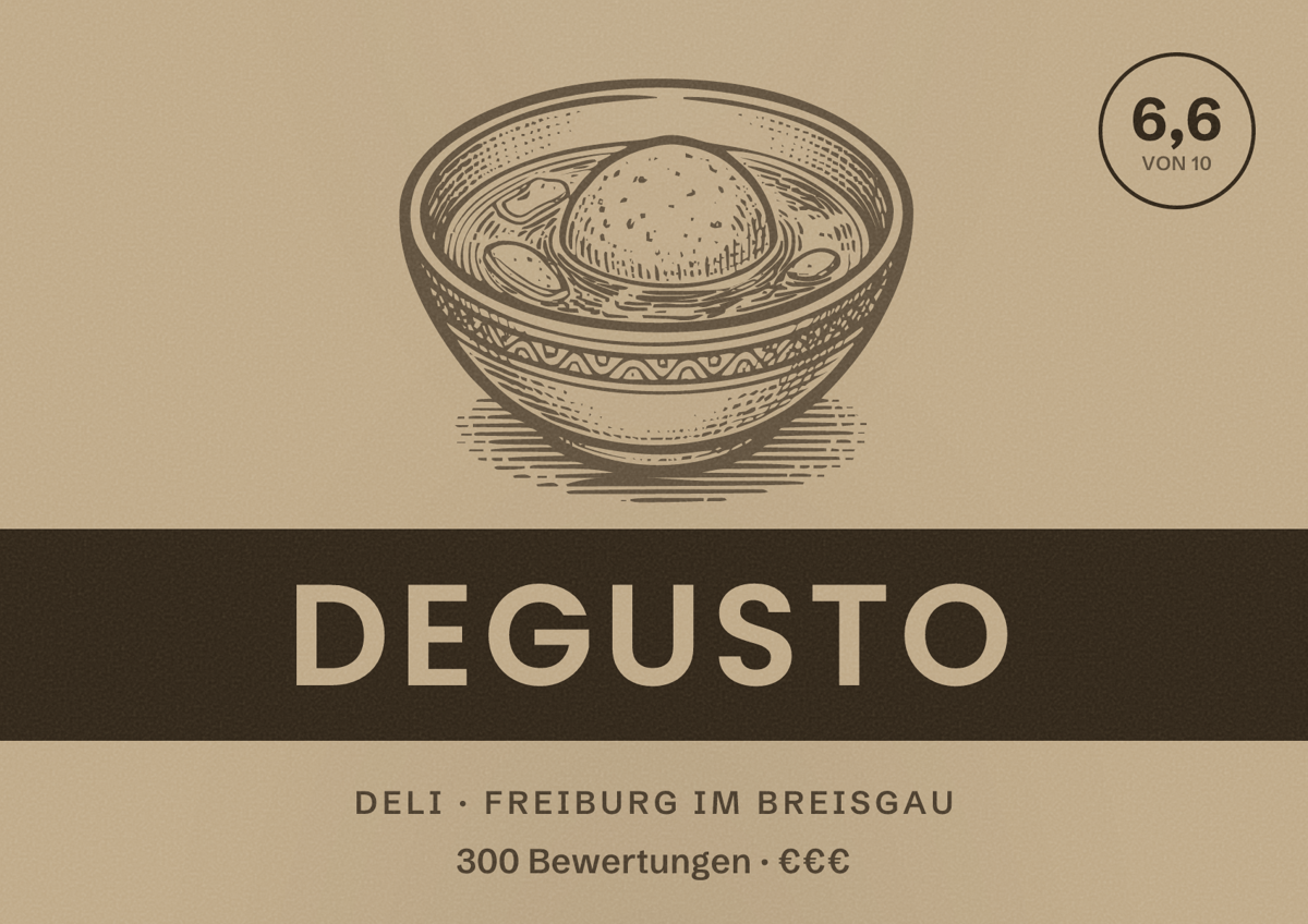 Illustriertes Poster von Degusto, Deli in Freiburg im Breisgau: Bewertung 6,6 von 10 aus 300 Bewertungen, Preisniveau €€€
