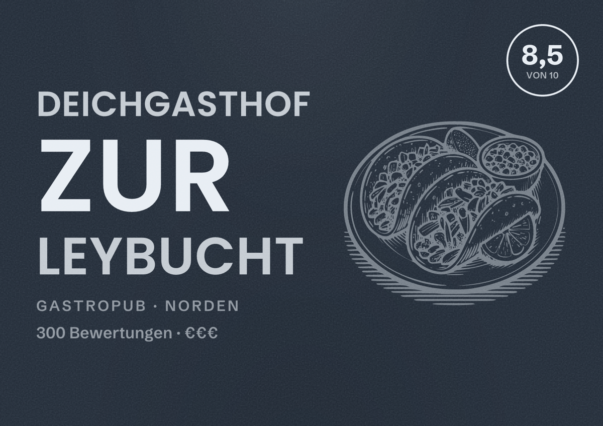 Illustriertes Poster von Deichgasthof Zur Leybucht, Gastropub in Norden: Bewertung 8,5 von 10 aus 300 Bewertungen, Preisniveau €€€