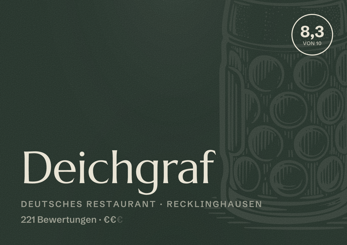 Illustriertes Poster von Deichgraf, Deutsches Restaurant in Recklinghausen: Bewertung 8,3 von 10 aus 221 Bewertungen, Preisniveau €€