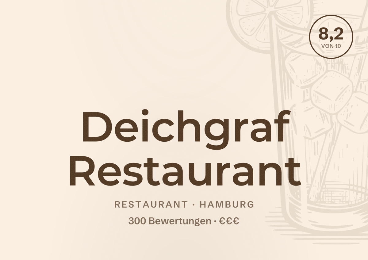 Illustriertes Poster von Deichgraf Restaurant, Restaurant in Hamburg: Bewertung 8,2 von 10 aus 300 Bewertungen, Preisniveau €€€