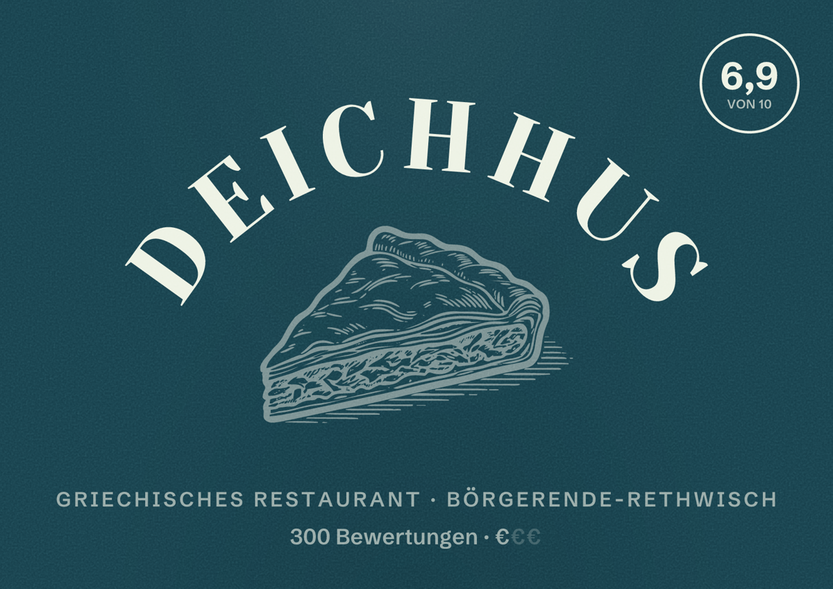 Illustriertes Poster von Deichhus, Griechisches Restaurant in Börgerende-Rethwisch: Bewertung 6,9 von 10 aus 300 Bewertungen, Preisniveau €