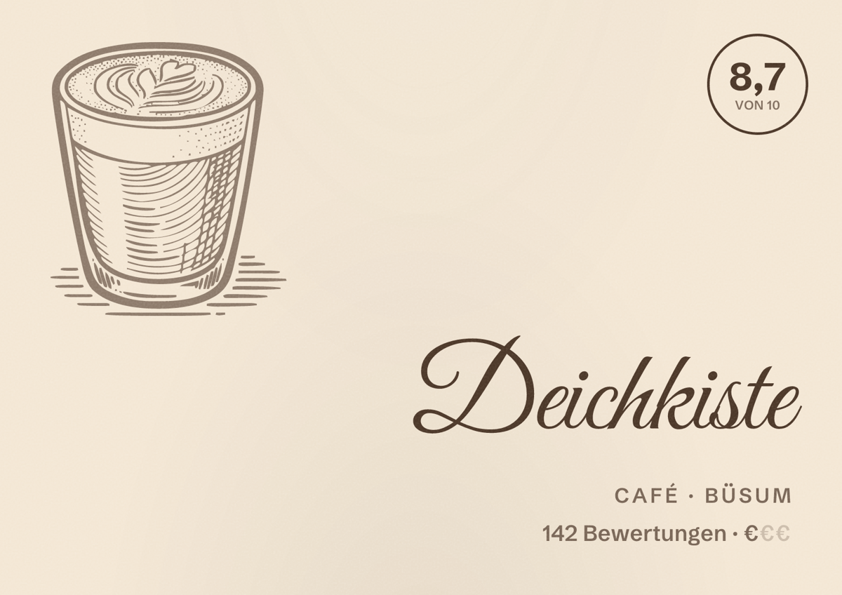 Illustriertes Poster von Deichkiste, Café in Büsum: Bewertung 8,7 von 10 aus 142 Bewertungen, Preisniveau €