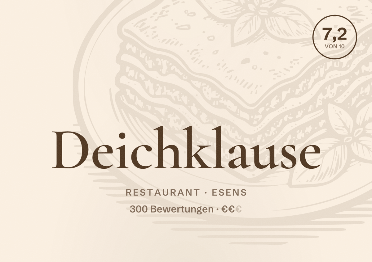 Illustriertes Poster von Deichklause, Restaurant in Esens: Bewertung 7,2 von 10 aus 300 Bewertungen, Preisniveau €€