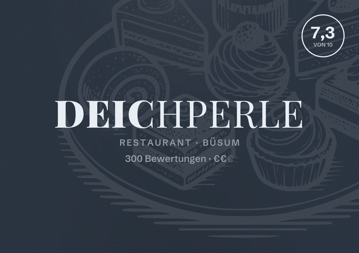 Illustriertes Poster von Deichperle, Restaurant in Büsum: Bewertung 7,3 von 10 aus 300 Bewertungen, Preisniveau €€