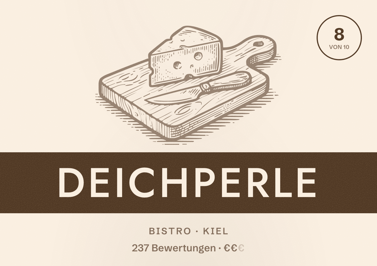 Illustriertes Poster von Deichperle, Bistro in Kiel: Bewertung 8 von 10 aus 237 Bewertungen, Preisniveau €€