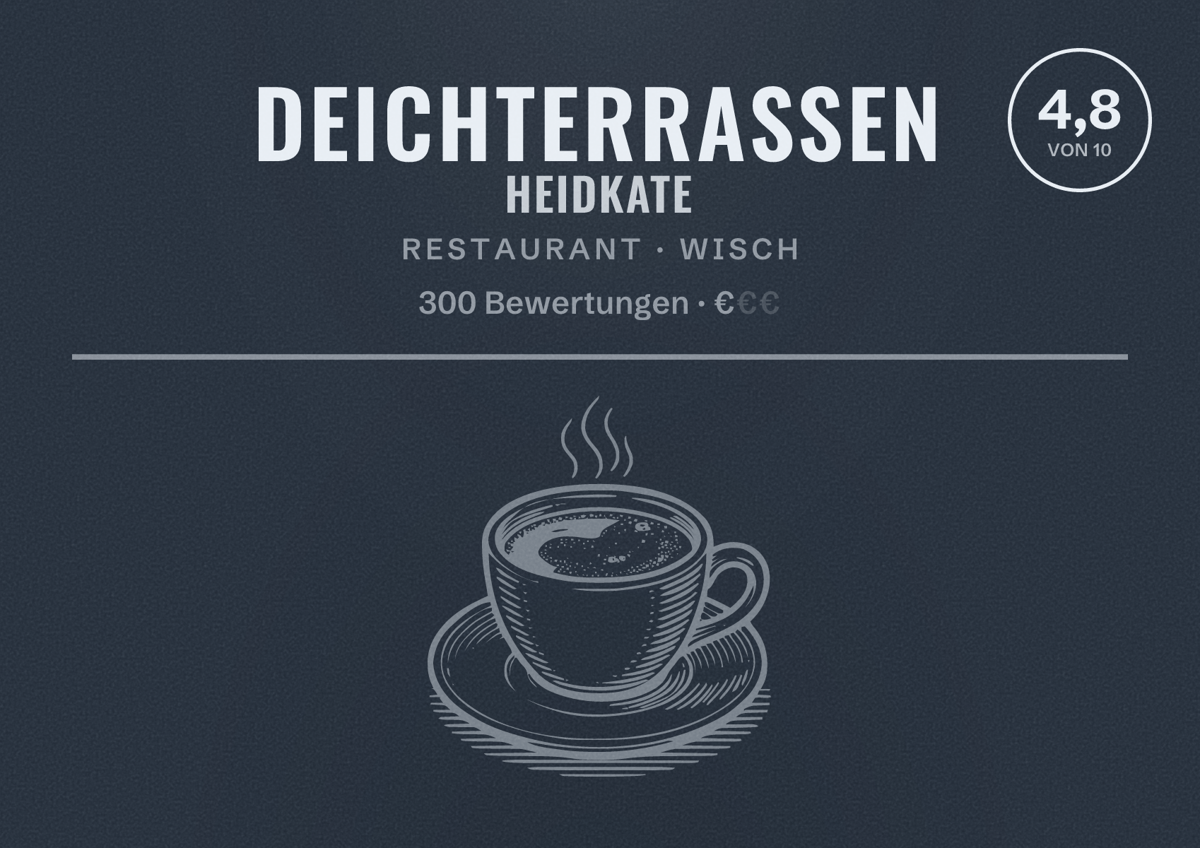 Illustriertes Poster von Deichterrassen Heidkate, Restaurant in Wisch: Bewertung 4,8 von 10 aus 300 Bewertungen, Preisniveau €