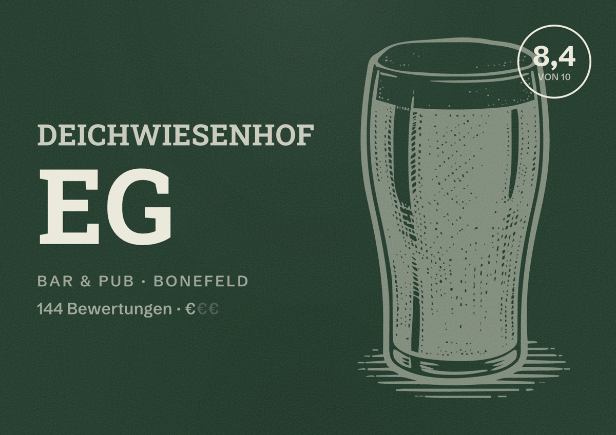 Illustriertes Poster von Deichwiesenhof eG, Bar & Pub in Bonefeld: Bewertung 8,4 von 10 aus 144 Bewertungen, Preisniveau €