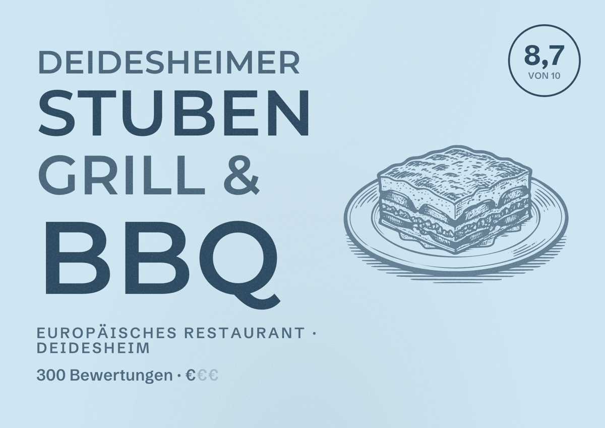 Illustriertes Poster von Deidesheimer Stuben Grill & BBQ, Europäisches Restaurant in Deidesheim: Bewertung 8,7 von 10 aus 300 Bewertungen, Preisniveau €
