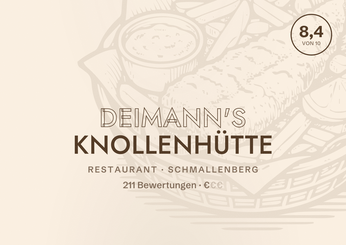 Illustriertes Poster von Deimann's Knollenhütte, Restaurant in Schmallenberg: Bewertung 8,4 von 10 aus 211 Bewertungen, Preisniveau €