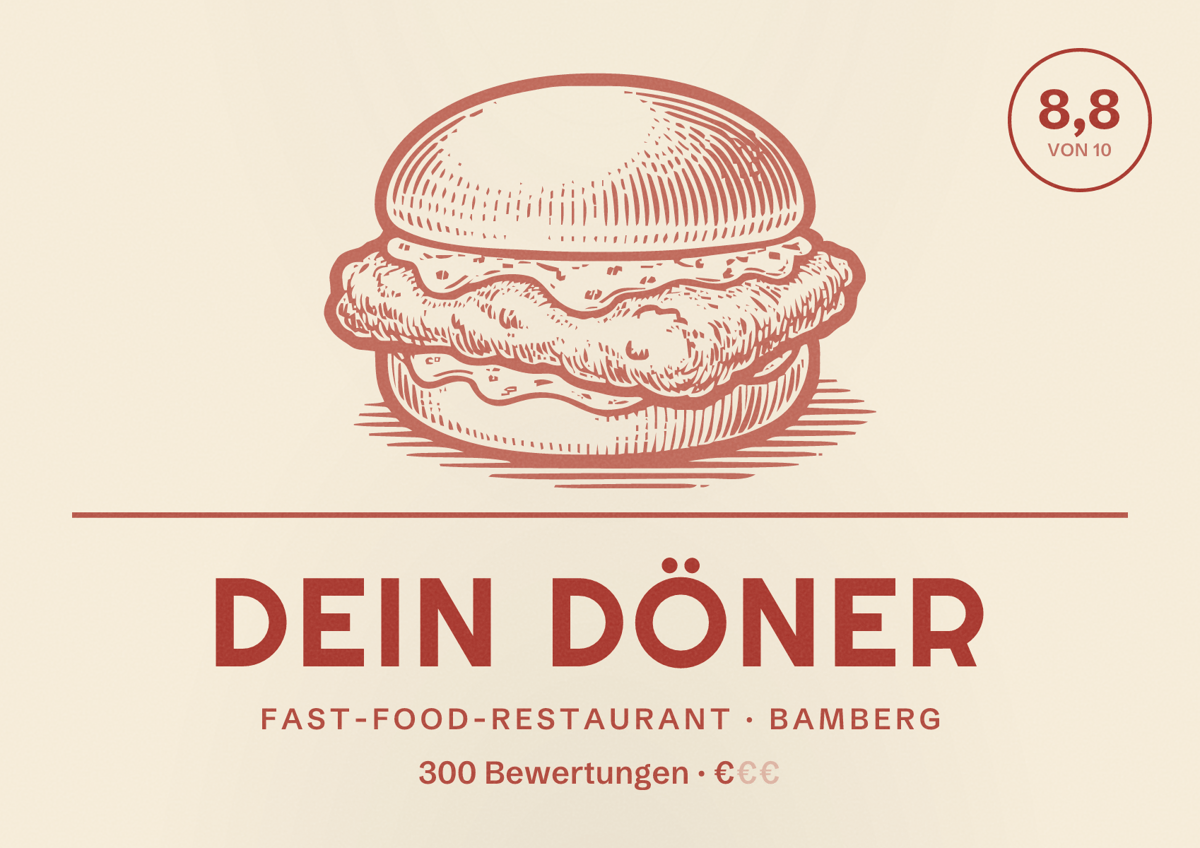 Illustriertes Poster von Dein Döner, Fast-Food-Restaurant in Bamberg: Bewertung 8,8 von 10 aus 300 Bewertungen, Preisniveau €