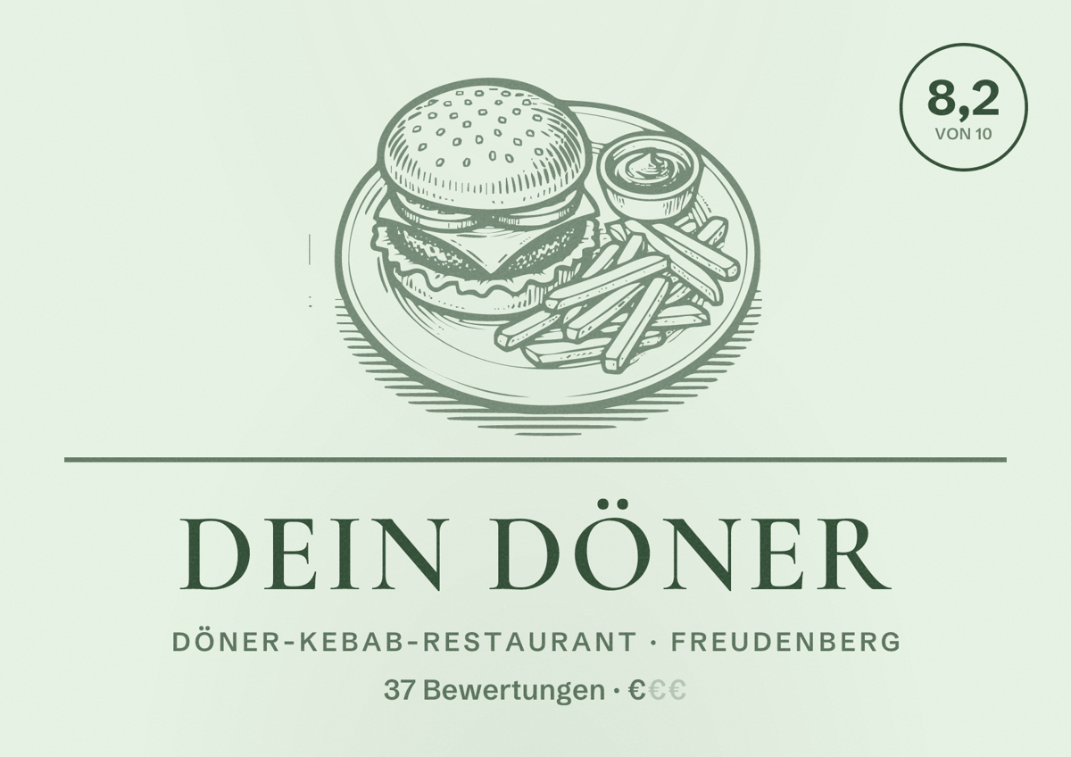 Illustriertes Poster von Dein Döner, Döner-Kebab-Restaurant in Freudenberg: Bewertung 8,2 von 10 aus 37 Bewertungen, Preisniveau €