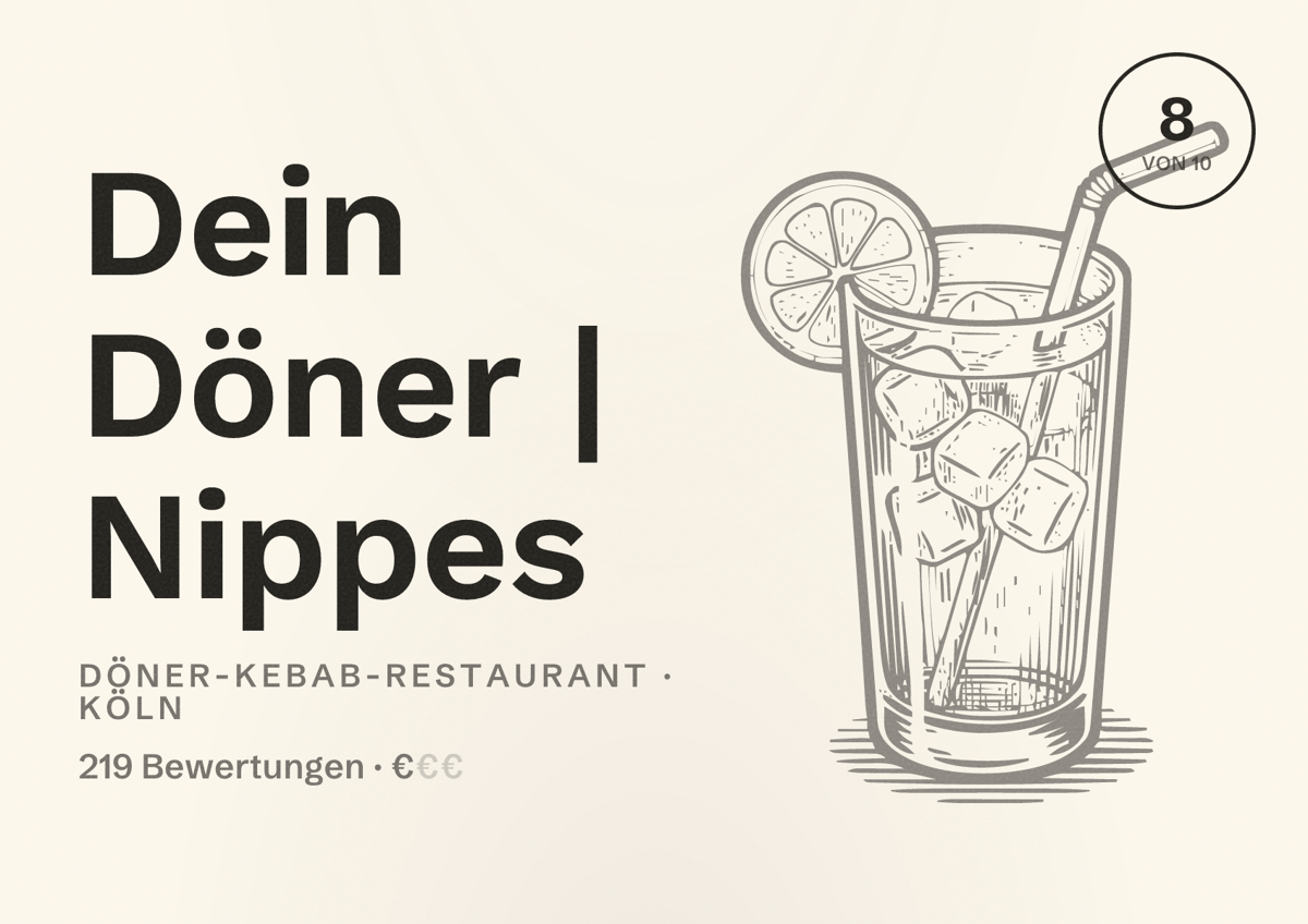 Illustriertes Poster von Dein Döner | Nippes, Döner-Kebab-Restaurant in Köln: Bewertung 8,0 von 10 aus 219 Bewertungen, Preisniveau €