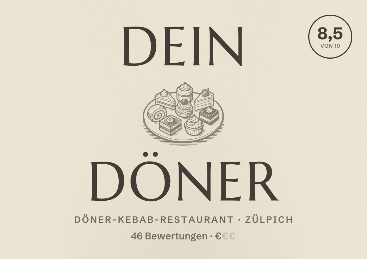 Illustriertes Poster von Dein Döner, Döner-Kebab-Restaurant in Zülpich: Bewertung 8,5 von 10 aus 46 Bewertungen, Preisniveau €