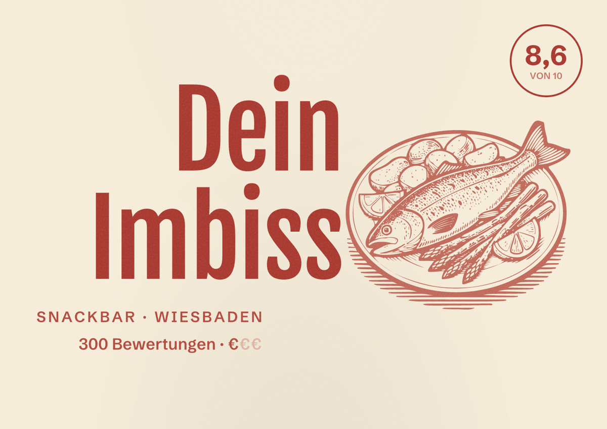 Illustriertes Poster von Dein Imbiss, Snackbar in Wiesbaden: Bewertung 8,6 von 10 aus 300 Bewertungen, Preisniveau €