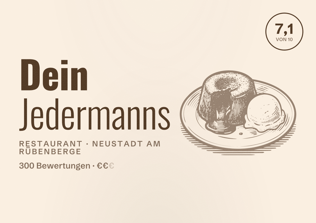 Illustriertes Poster von Dein Jedermanns, Restaurant in Neustadt am Rübenberge: Bewertung 7,1 von 10 aus 300 Bewertungen, Preisniveau €€
