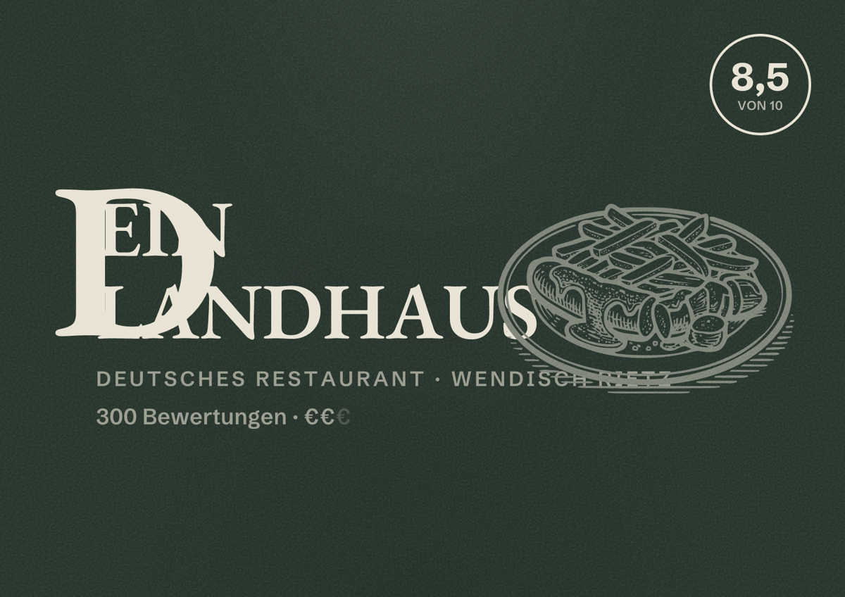 Illustriertes Poster von DEIN LANDHAUS, Deutsches Restaurant in Wendisch Rietz: Bewertung 8,5 von 10 aus 300 Bewertungen, Preisniveau €€