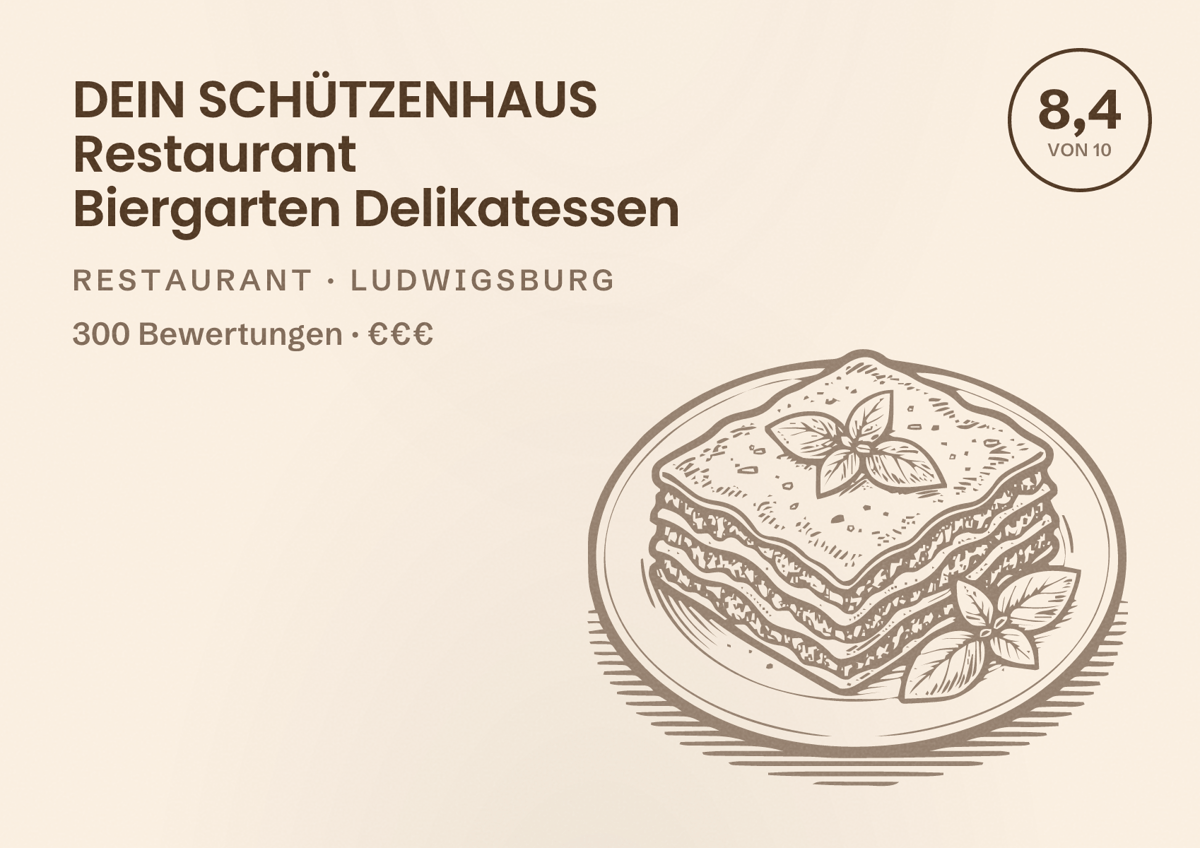 Illustriertes Poster von DEIN SCHÜTZENHAUS Restaurant Biergarten Delikatessen, Restaurant in Ludwigsburg: Bewertung 8,4 von 10 aus 300 Bewertungen, Preisniveau €€€