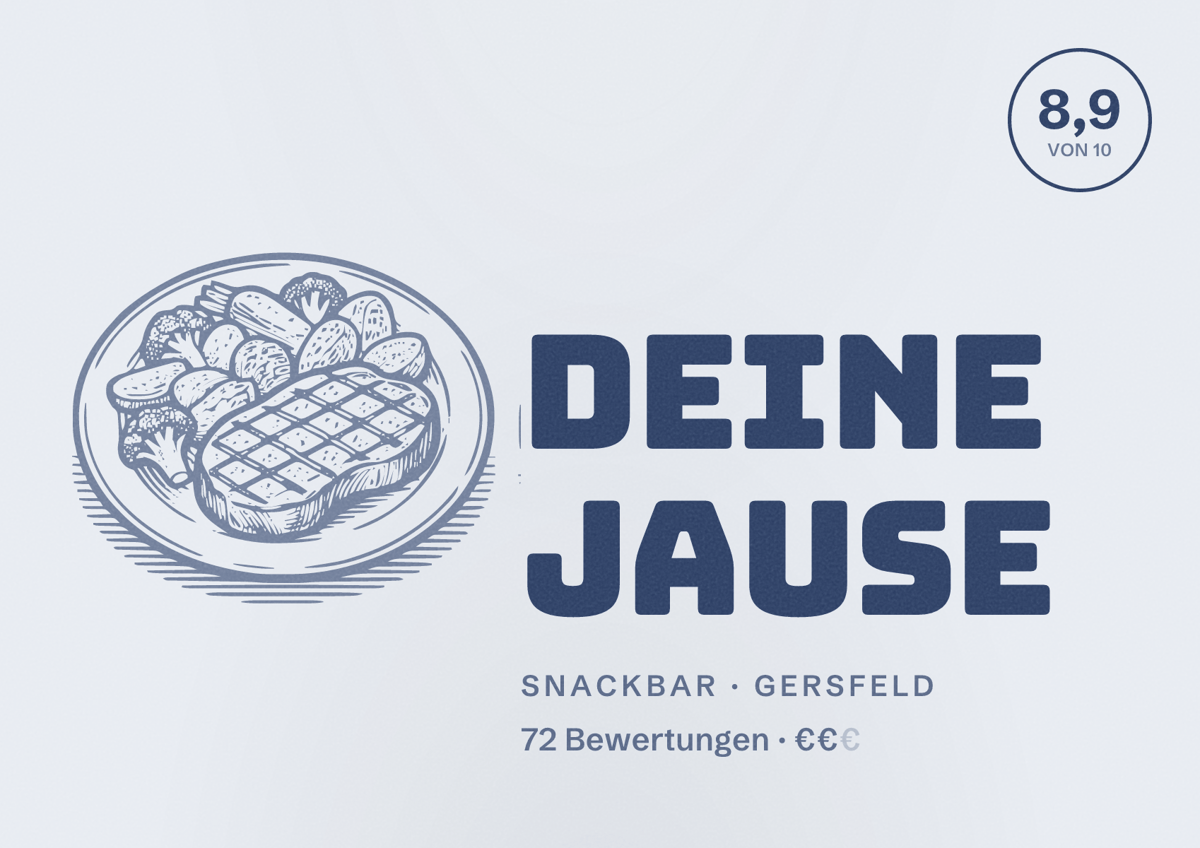 Illustriertes Poster von Deine Jause, Snackbar in Gersfeld: Bewertung 8,9 von 10 aus 72 Bewertungen, Preisniveau €€