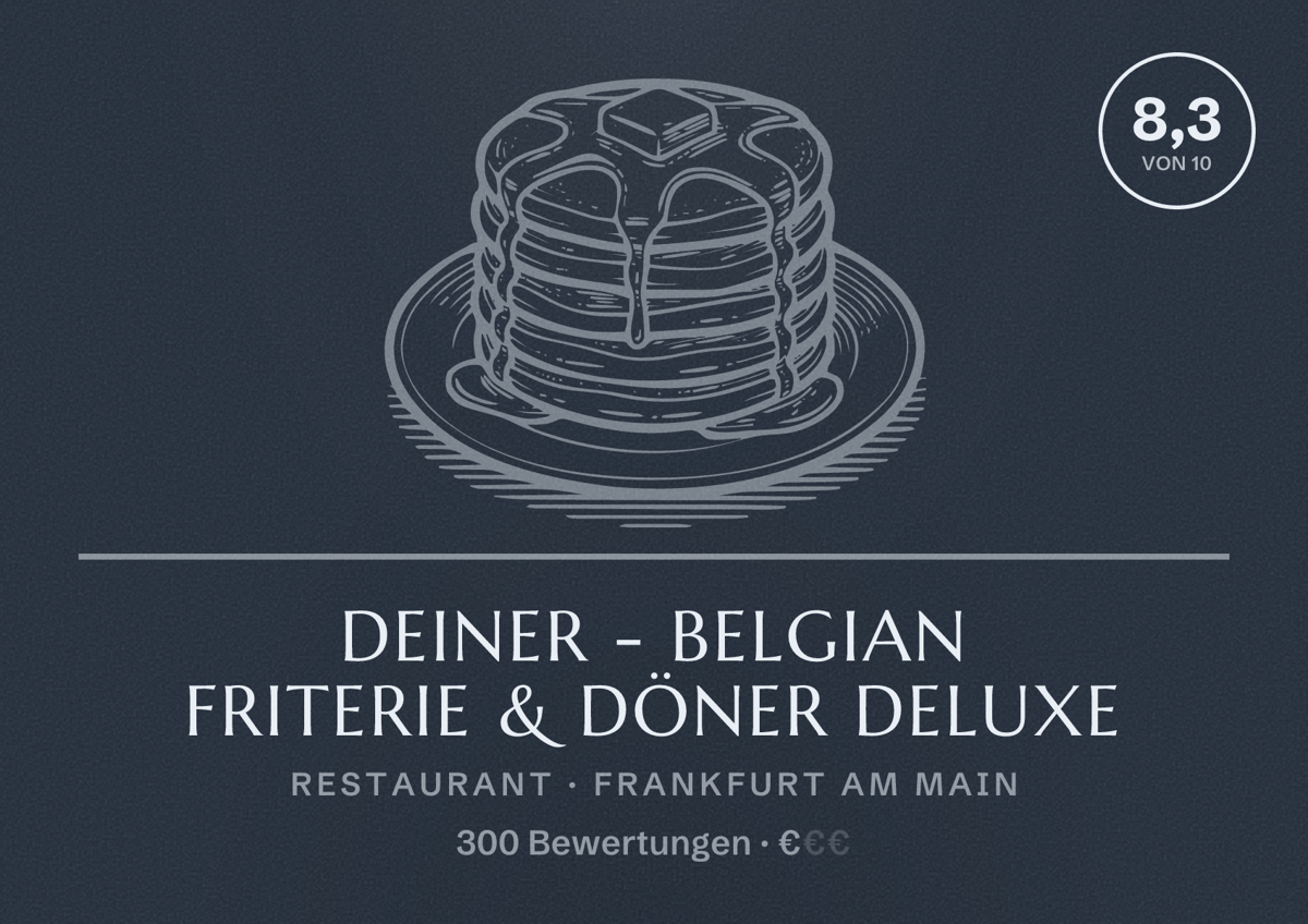 Illustriertes Poster von DEINER - Belgian Friterie & Döner Deluxe, Restaurant in Frankfurt am Main: Bewertung 8,3 von 10 aus 300 Bewertungen, Preisniveau €