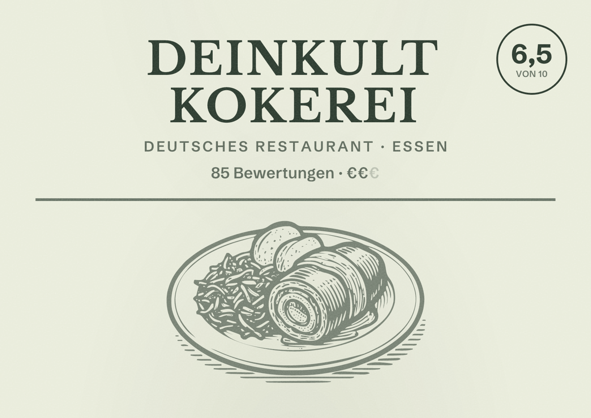 Illustriertes Poster von deinKult Kokerei, Deutsches Restaurant in Essen: Bewertung 6,5 von 10 aus 85 Bewertungen, Preisniveau €€