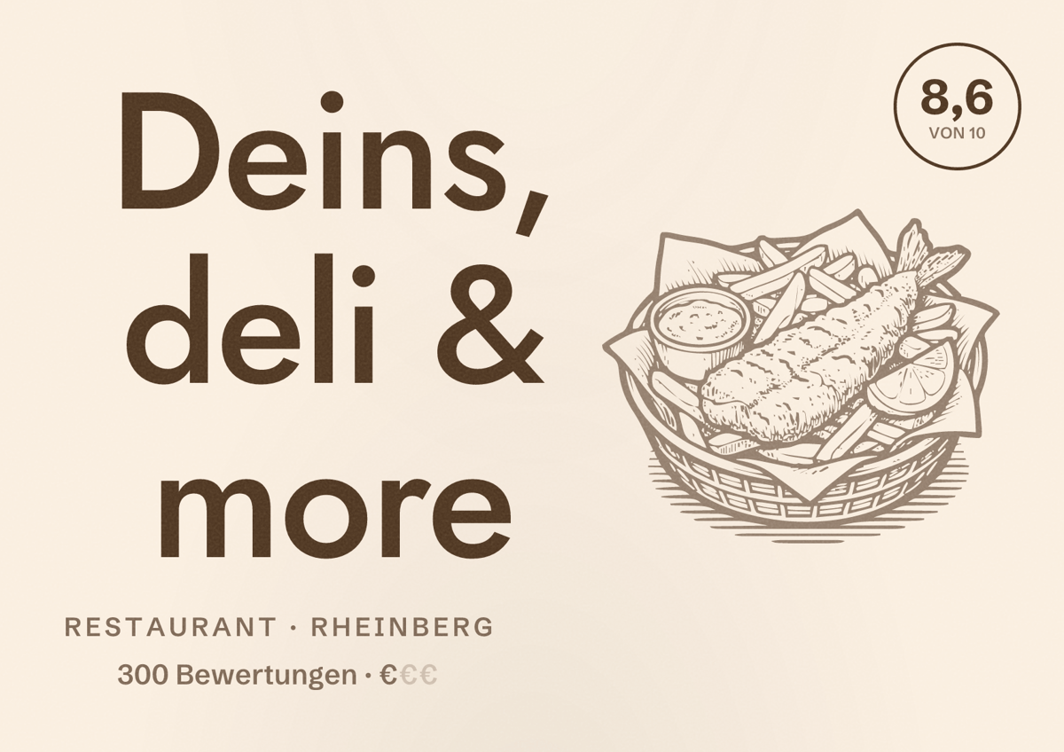 Illustriertes Poster von Deins, deli & more, Restaurant in Rheinberg: Bewertung 8,6 von 10 aus 300 Bewertungen, Preisniveau €